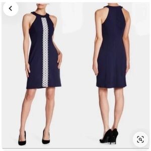 Eliza J Navy Dress with Intricate White Lace